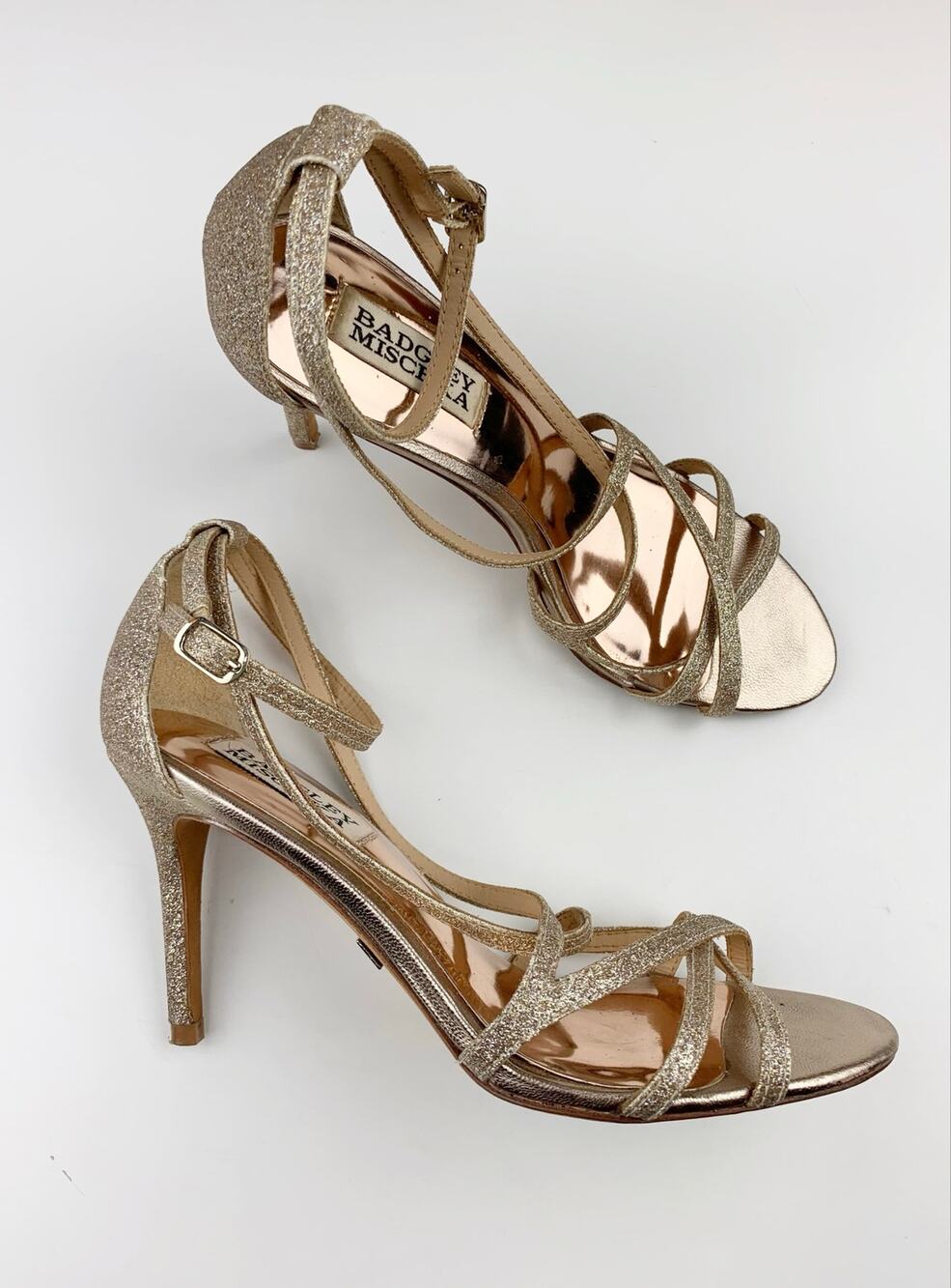 Badgley Mischka Gold Glitter Sandals Strappy High Heels Women's 6 Formal Evening